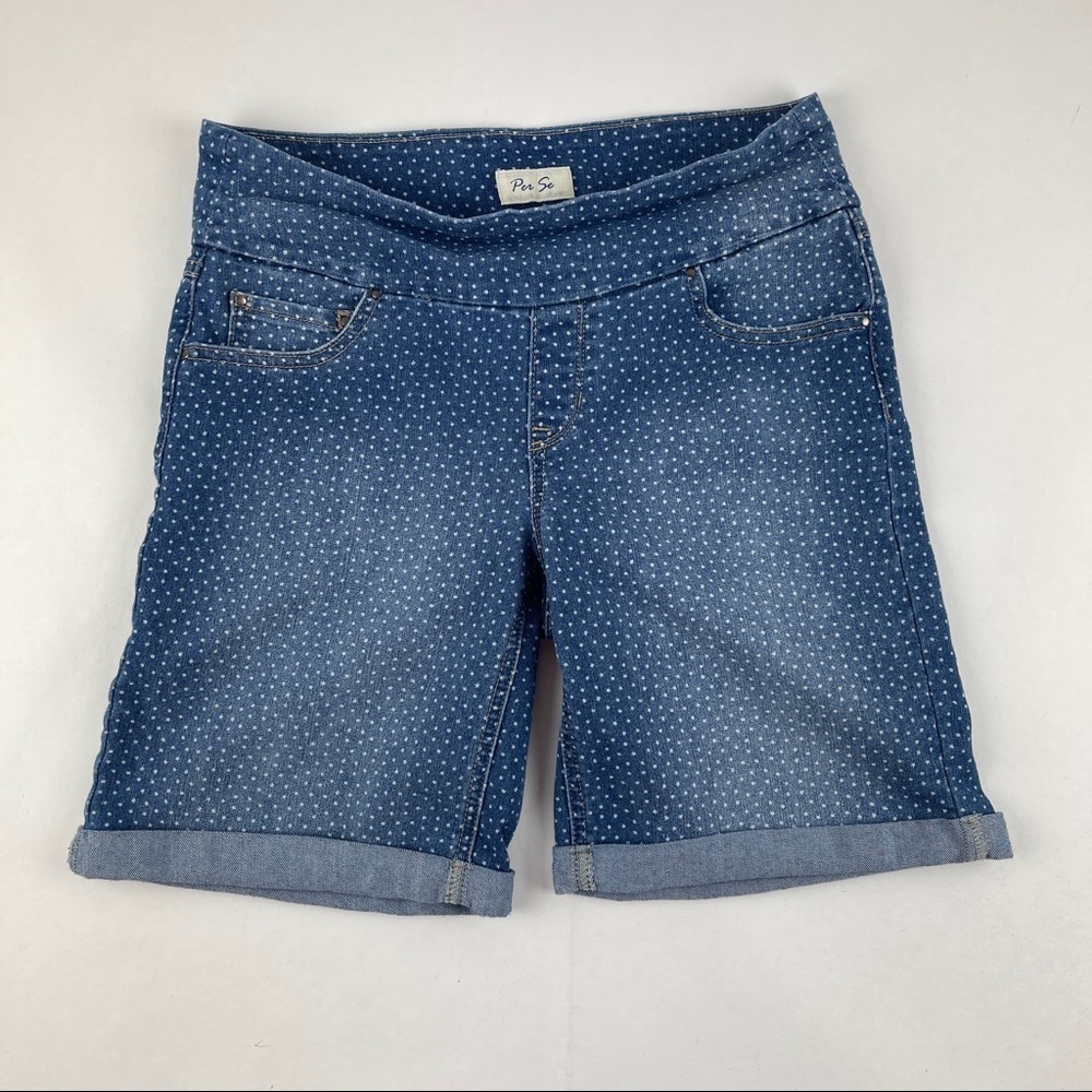 Per Se Jean Shorts Womens Medium Blue Denim White Stars Rolled Hem Pull On